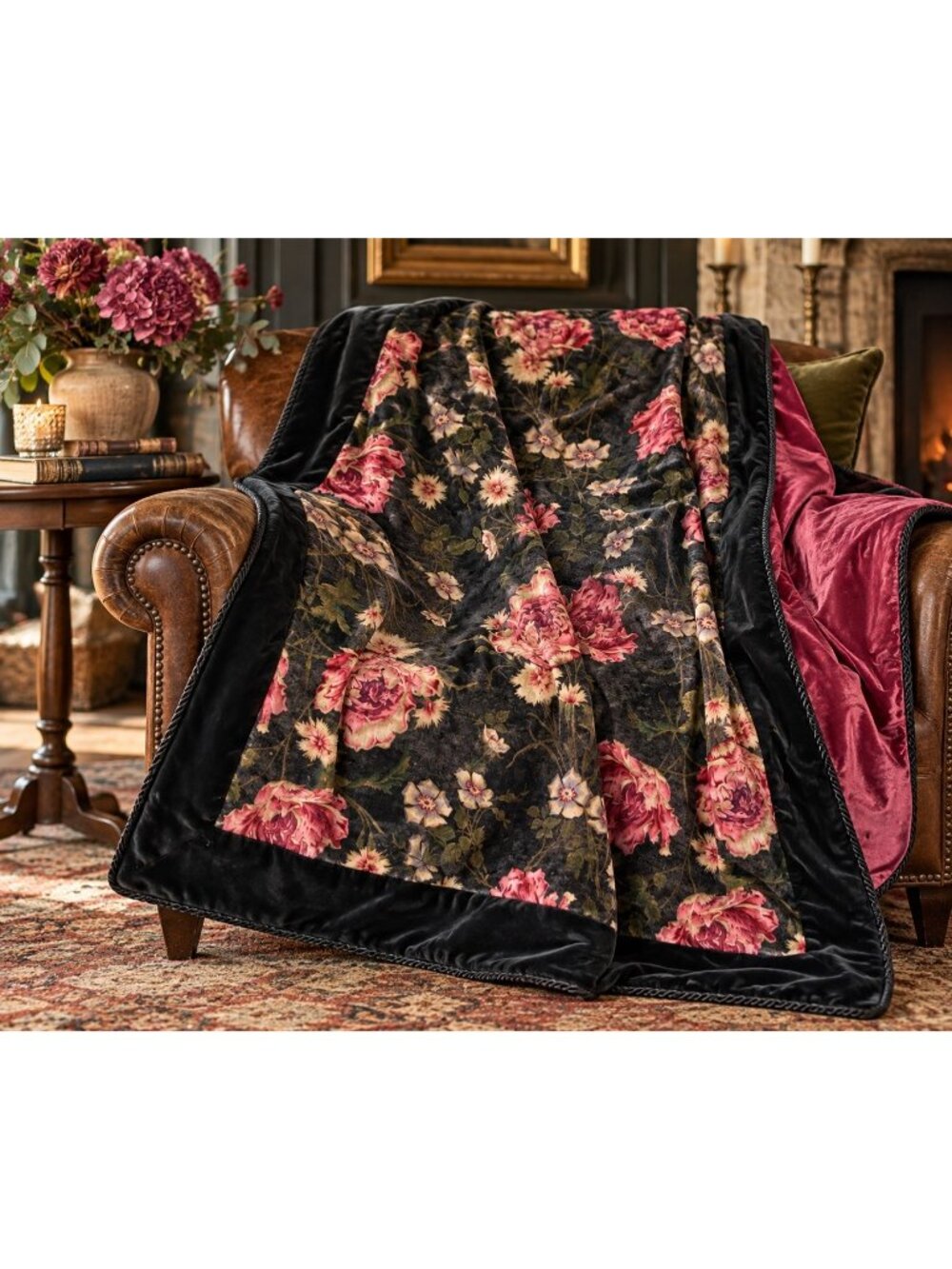 April Cornell Floral Velvet Throw Blanket 48x58 Black Pink Roses Cottagecore